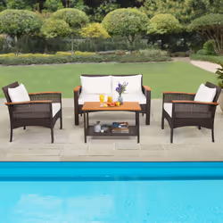 4 Pcs Outdoor Patio Furniture Set PE Rattan Patio Sofa Table Set