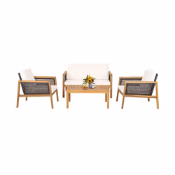 4 Pcs Patio Acacia Wood Furniture Set Outdoor Rattan Sofa Chair Table Set