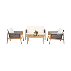 4 Pcs Patio Acacia Wood Furniture Set Outdoor Rattan Sofa Chair Table Set
