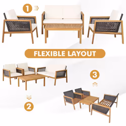 4 Pcs Patio Acacia Wood Furniture Set Outdoor Rattan Sofa Chair Table Set
