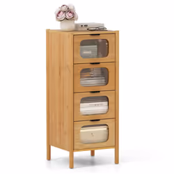 4-Drawer Dresser Bamboo Storage Cabinet w/ Fluted Tempered Glass Drawers