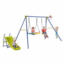 4-in-1 Outdoor Kids Swing Set Adjustable Saucer Swing w/ Slide & Basketball Hoop