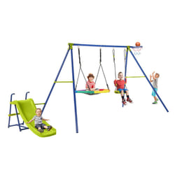 4-in-1 Outdoor Kids Swing Set Adjustable Saucer Swing w/ Slide & Basketball Hoop