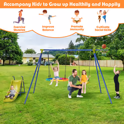 4-in-1 Outdoor Kids Swing Set Adjustable Saucer Swing w/ Slide & Basketball Hoop