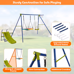 4-in-1 Outdoor Kids Swing Set Adjustable Saucer Swing w/ Slide & Basketball Hoop