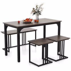 4-Piece Dining Table Set Industrial Dining Table W/ Bench & 2 Stools