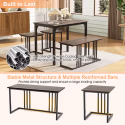 4-Piece Dining Table Set Industrial Dining Table W/ Bench & 2 Stools