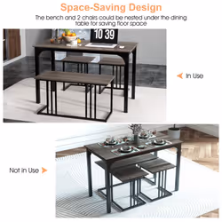 4-Piece Dining Table Set Industrial Dining Table W/ Bench & 2 Stools