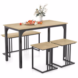 4-Piece Dining Table Set Industrial Dining Table W/ Bench & 2 Stools-Natural