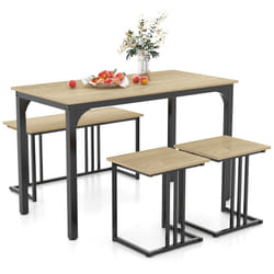 4-Piece Dining Table Set Industrial Dining Table W/ Bench & 2 Stools-Natural
