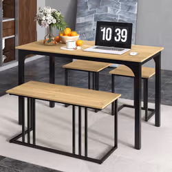 4-Piece Dining Table Set Industrial Dining Table W/ Bench & 2 Stools-Natural