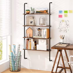 4-Tier Industrial Hanging Wall Display Bookshelf Wall Mounted Floating Shelves with Metal Frame