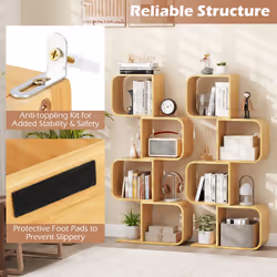 4-Tier S-Shaped Bookcase Bamboo Bookshelf w/ 4 Open Cubes-Natural