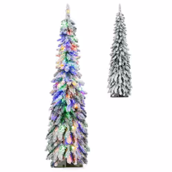 5 FT Pre-Lit Artificial Christmas Tree Snow-Flocked Slim Pencil Christmas Tree