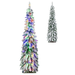 5 FT Pre-Lit Artificial Christmas Tree Snow-Flocked Slim Pencil Christmas Tree