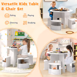 5 PCS Kids Table and Chair Set with 4 Storage Stools for Activity White