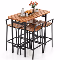 5 Piece Acacia Wood Bar Table & Chairs Set Patio Bistro Set for 4
