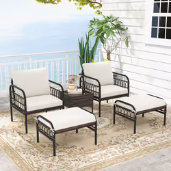 5 Piece Garden Furniture Set Patio Wicker Chairs Table Set w/ Ottomans