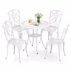 5 Piece Patio Cast Aluminum Dining Table & Chair Set Outdoor Bistro Set w/ Umbrella Hole