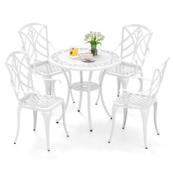 5 Piece Patio Cast Aluminum Dining Table & Chair Set Outdoor Bistro Set w/ Umbrella Hole