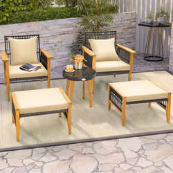 5 Piece Patio Furniture Set Garden Wicker Woven Chair Set w/ Coffee Table & 2 Ottomans