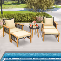 5 Piece Patio Furniture Set Garden Wicker Woven Chair Set w/ Coffee Table & 2 Ottomans