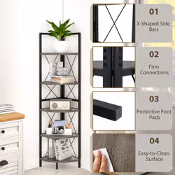 5 tier Corner Bookshelf 160 CM Tall Corner Storage Shelves w/ Metal Frame