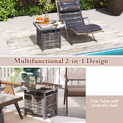 55cm Outdoor PE Rattan Side Table Outdoor Coffee Table w/ Umbrella Hole