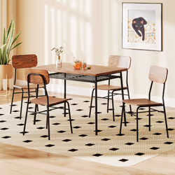 5Pcs Wood Square Kitchen Table & Chair Set Dining Table Set for 4-Brown