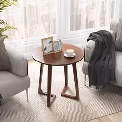 60cm Round End Table Living Room Rubber Wood Sofa Side Table with Foot Pads