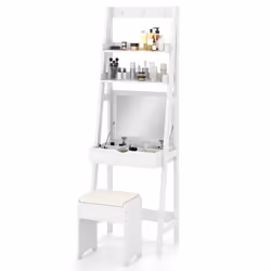 60cm Slim Vanity Desk Stool Set Ladder Dressing Table w/ Flip Top Mirror-White