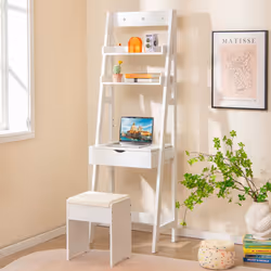 60cm Slim Vanity Desk Stool Set Ladder Dressing Table w/ Flip Top Mirror-White