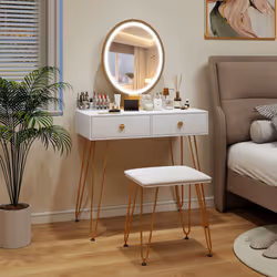 80 cm Vanity Set w/ Lighted Mirror Makeup Dressing Table w/ Cushioned Stool-White