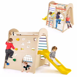 8-in-1 Indoor Jungle Gym Wooden Playground with Climbing Wall-colorful