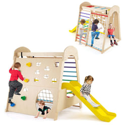 8-in-1 Indoor Jungle Gym Wooden Playground with Climbing Wall-colorful
