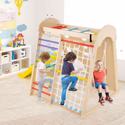 8-in-1 Indoor Jungle Gym Wooden Playground with Climbing Wall-colorful