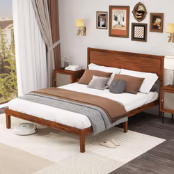 Acacia Wood Bed Frame w/ Headboard No Box Spring Needed King Size, Walnut