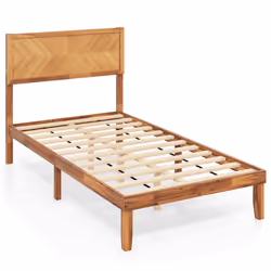 Acacia Wood Bed Frame w/ Headboard No Box Spring Needed Single Size, Caramel