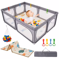 Baby Playpen 206 x 147cm Extra Large Baby Playard w/ Mesh Walls-Dark Grey
