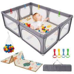 Baby Playpen 206 x 147cm Extra Large Baby Playard w/ Mesh Walls-Dark Grey