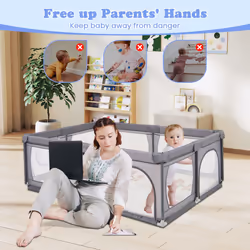 Baby Playpen 206 x 147cm Extra Large Baby Playard w/ Mesh Walls-Dark Grey