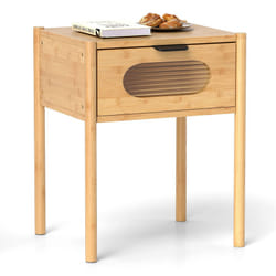 Bamboo Bedside Table with Tempered Glass Drawer Square Bedroom End Side Table