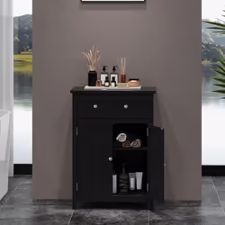 Bathroom Floor Cabinet Freestanding Storage Cupboard with Double Door-Black