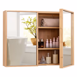 Bathroom Wall Cabinet w/ Mirror Bamboo Double Door Medicine Cabinet