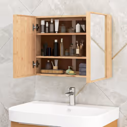 Bathroom Wall Cabinet w/ Mirror Bamboo Double Door Medicine Cabinet