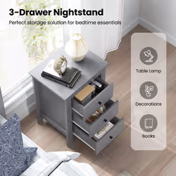 Bedside Table Wooden Nightstand End Side Table w/ 3 Drawers-Grey