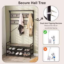 Coat Rack 184 cm Tall Hall Tree with 11 Hanging Hooks & Shoe Bench-Grey