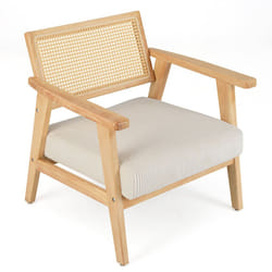 Corduroy Accent Chair Indoor Leisure Chair w/ Rattan Back Wood Armchair