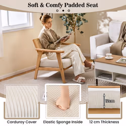 Corduroy Accent Chair Indoor Leisure Chair w/ Rattan Back Wood Armchair