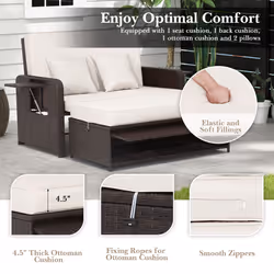 Patio Rattan Daybed Set Wicker Loveseat Sofa w/Ottoman & Side Tray-White